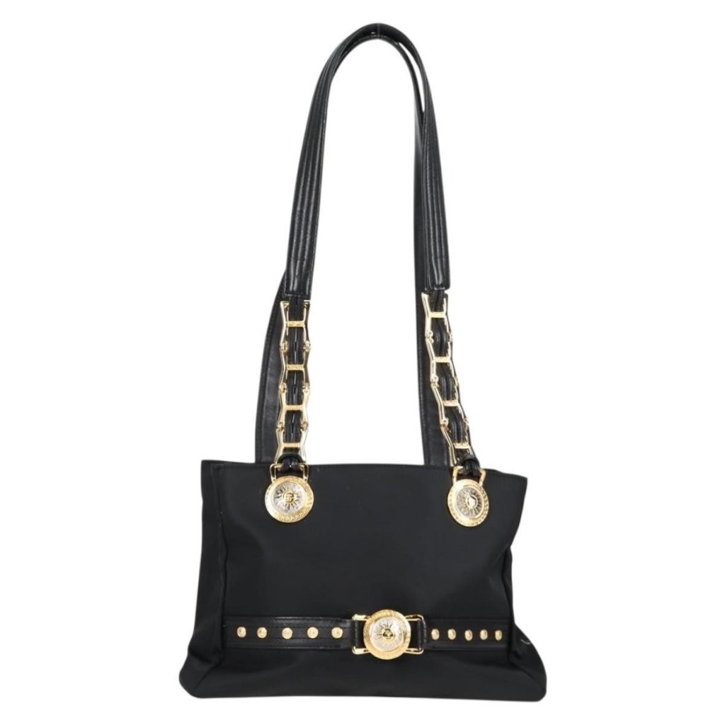 Authentic Versace Chain Shoulder Bag Nylon Black Gold